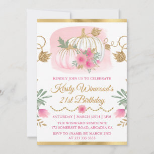 Watercolor Pink Pumpkin Gold Glitter Birthday Invitation