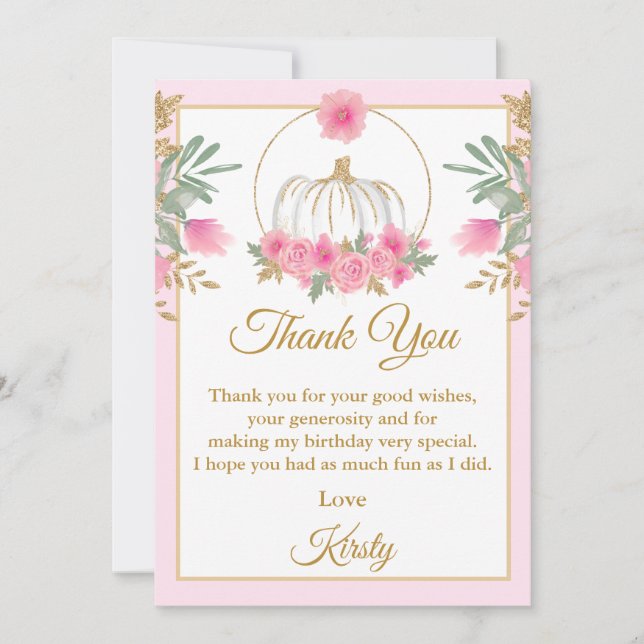 Watercolor Pink Pumpkin Gold Glitter Birthday Thank You Card (Front)