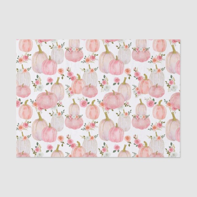 Watercolor Pink Pumpkins Florals Pastel Roses Tissue Paper (Front)