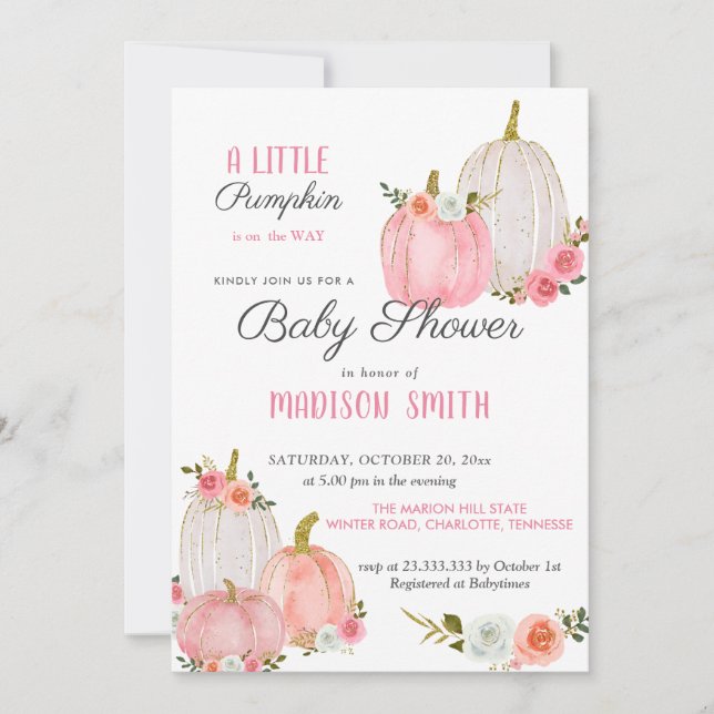 Watercolor Pink Pumpkins Roses | Baby Shower Invitation (Front)
