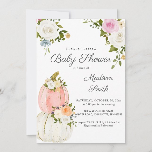 Watercolor Pink Pumpkins Roses | Baby Shower Invitation (Front)