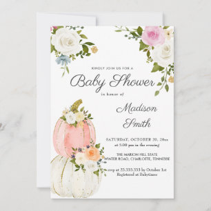 Watercolor Pink Pumpkins Roses   Baby Shower Invitation