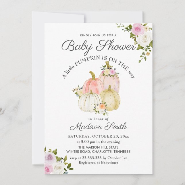 Watercolor Pink Pumpkins Roses | Baby Shower Invitation (Front)