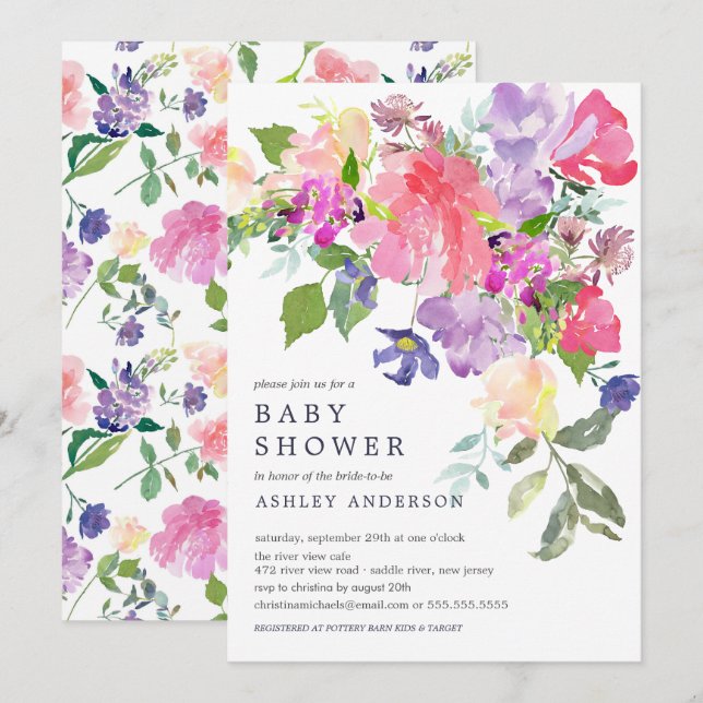 Watercolor Pink Purple Floral Baby Shower Invitation (Front/Back)