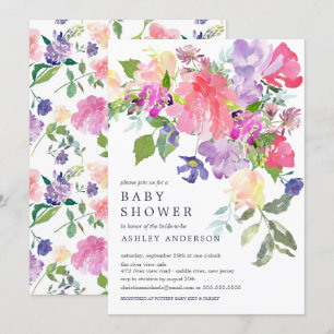 Watercolor Pink Purple Floral Baby Shower Invitation
