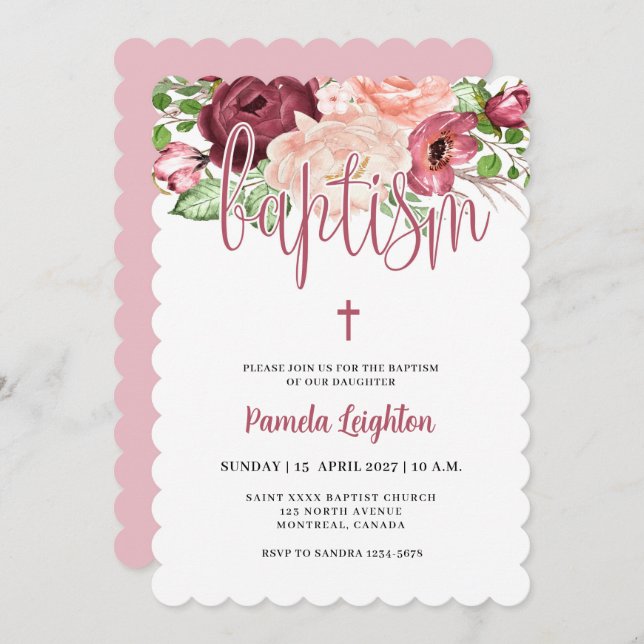 Watercolor Pink Purple Floral Girl Baptism  Invita Invitation (Front/Back)