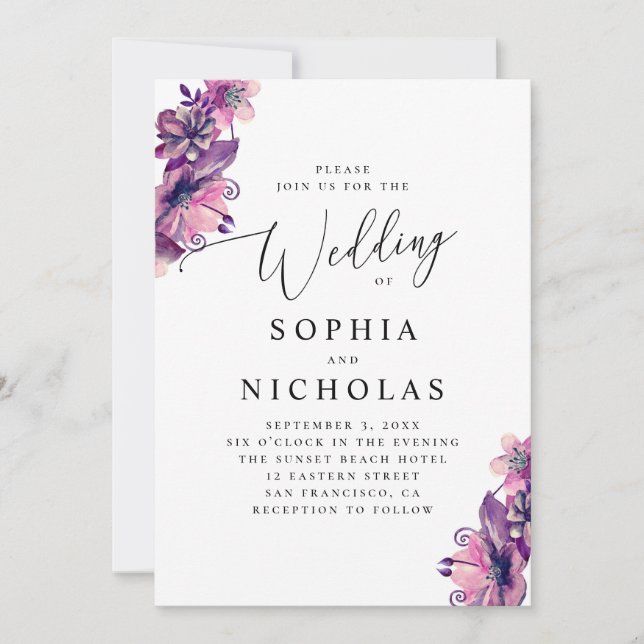 Watercolor pink purple floral script wedding invitation (Front)
