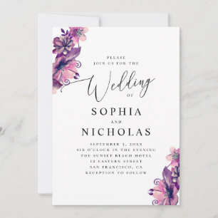 Watercolor pink purple floral script wedding invitation