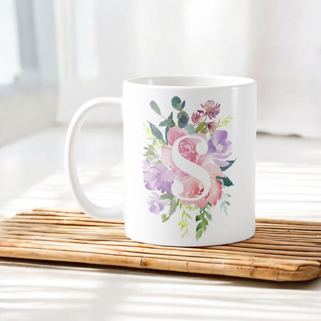 Watercolor Pink Purple Flowers Elegant Monogram Coffee Mug (Creator Uploaded)