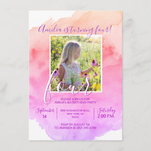 Watercolor Pink Purple Girl 4th YEAR OLD BIRTHDAY Invitation