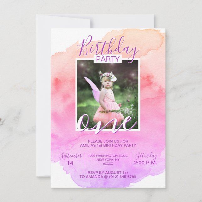Watercolor Pink Purple Girl BIRTHDAY 1st ONE YEAR Invitation (Front)