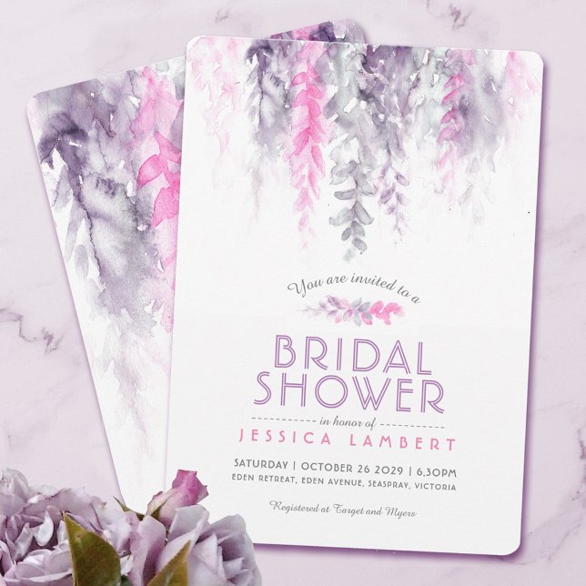 Watercolor pink purple indigo bridal shower invitation (Creator Uploaded)