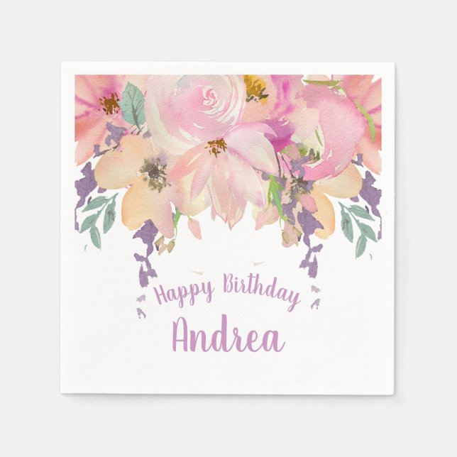 Watercolor Pink Purple Personalised Birthday Napkin (Front)