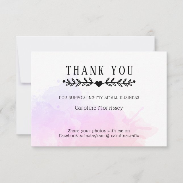 Watercolor Pink Purple Splash Thank You Card (Front)