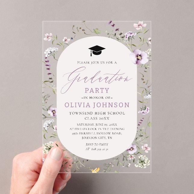Watercolor Pink Purple Wildflower Graduation Acrylic Invitations (Insitu (Handheld))