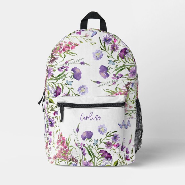 Watercolor Pink Purple Wildflowers Meadow Garden  Printed Backpack (Front)