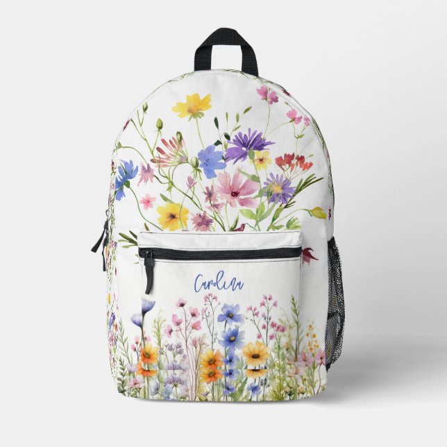 Watercolor Pink Purple Yellow Wildflowers Garden  Printed Backpack (Front)