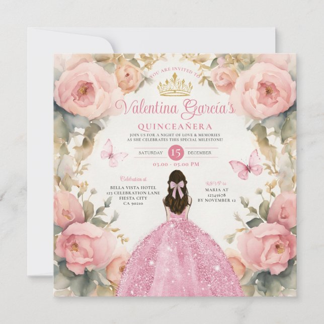 Watercolor Pink Quinceañera 15 Anos Flowers Crown Invitation (Front)