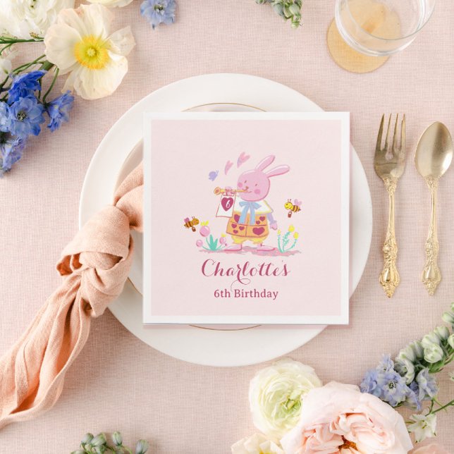 Watercolor pink rabbit in the garden kids birthday napkin (Creator Uploaded)
