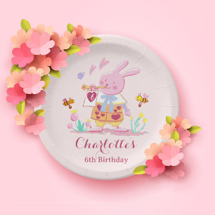 Watercolor pink rabbit in the garden kids birthday paper plate