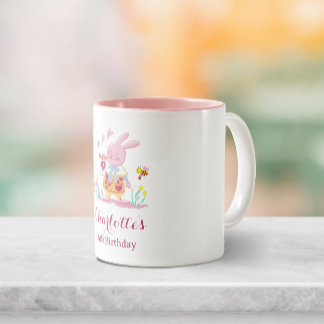 Watercolor Pink Rabbit in the Garden Kids Birthday Two-Tone Coffee Mug