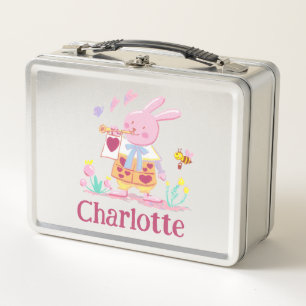 Watercolor pink rabbit in the garden Name Metal Lunch Box