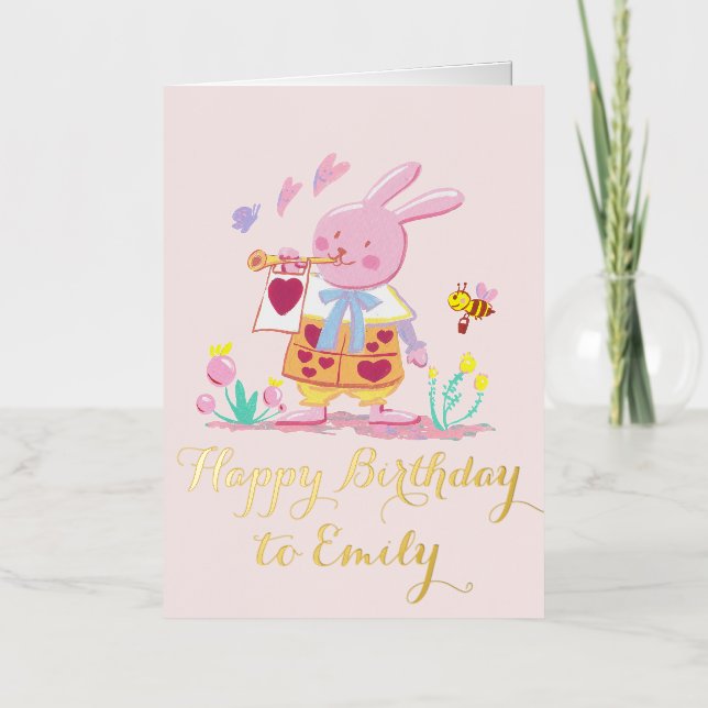 watercolor Pink Rabbit's Birthday Symphony Foil Greeting Card (Front)