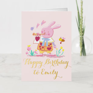 watercolor Pink Rabbit's Birthday Symphony Foil Greeting Card