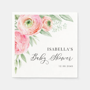 Watercolor Pink Ranunculus Flowers Baby Shower Napkin