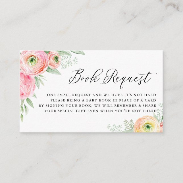Watercolor Pink Ranunculus Flowers Book Request Enclosure Card (Front)