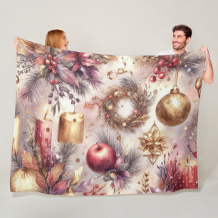 Watercolor Pink Red Christmas Motifs Holiday Fleece Blanket