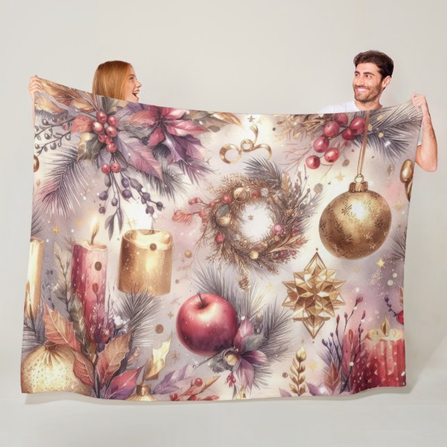 Watercolor Pink Red Christmas Motifs Holiday Fleece Blanket (In Situ)