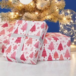 Watercolor Pink & Red Christmas Trees Wrapping Paper