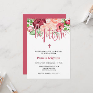 Watercolor Pink Red Floral Girl Baptism Invitation