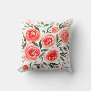 Watercolor Pink Red Floral Roses Pattern Cushion