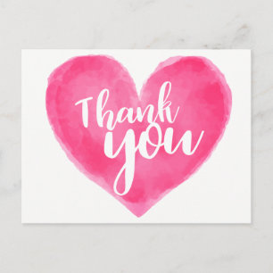 Watercolor Pink Red Heart Thank You - Wedding Love Postcard