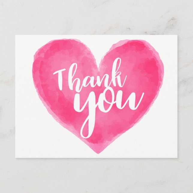 Watercolor Pink Red Heart Thank You - Wedding Love Postcard (Front)