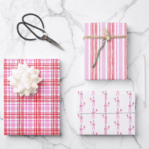 Watercolor Pink & Red Plaid Stripes and Elf Wrapping Paper Sheet