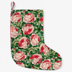 Watercolor Pink & Red Rose Flowers & Green Leaves Small Christmas Stocking