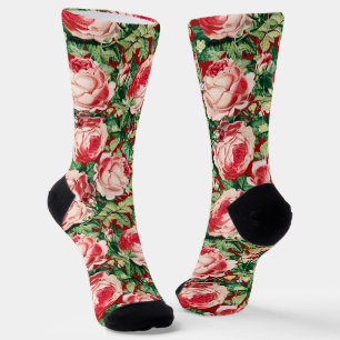 Watercolor Pink & Red Rose Flowers & Green Leaves Socks