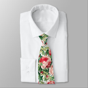 Watercolor Pink & Red Rose Flowers & Green Leaves Tie
