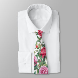 Watercolor Pink & Red Rose Flowers & Green Leaves Tie