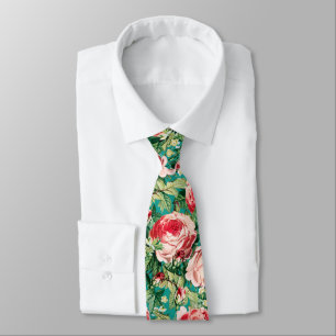 Watercolor Pink & Red Rose Flowers & Green Leaves Tie