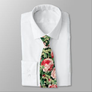 Watercolor Pink & Red Rose Flowers & Green Leaves Tie