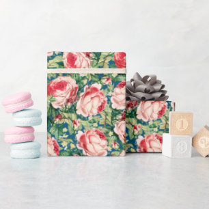 Watercolor Pink & Red Rose Flowers & Green Leaves Wrapping Paper