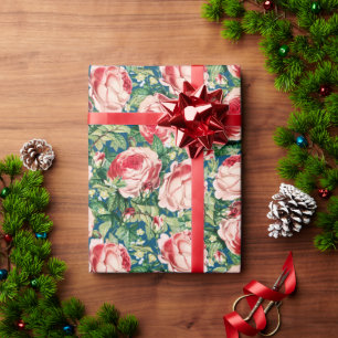 Watercolor Pink & Red Rose Flowers & Green Leaves Wrapping Paper