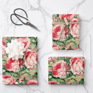 Watercolor Pink & Red Rose Flowers & Green Leaves Wrapping Paper Sheet