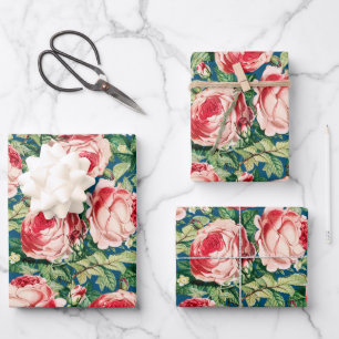 Watercolor Pink & Red Rose Flowers & Green Leaves Wrapping Paper Sheet