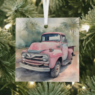 Watercolor Pink Retro Truck In Palms Glass Tree Decoration