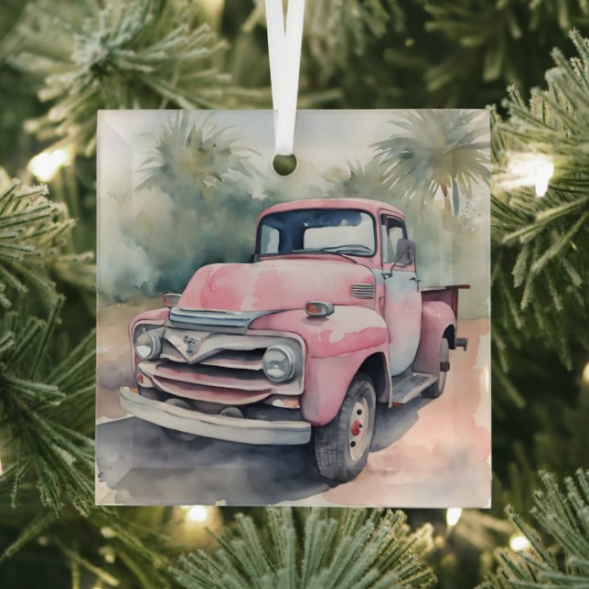 Watercolor Pink Retro Truck In Palms Glass Tree Decoration (Insitu)